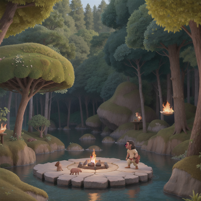 Image For Post Anime, cavemen, forest, ocean, flying carpet, fire, HD, 4K, AI Generated Art
