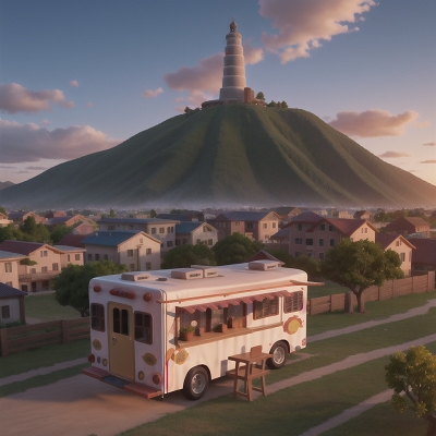 Image For Post Anime, taco truck, sunrise, tower, mountains, village, HD, 4K, AI Generated Art