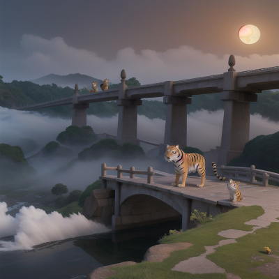 Image For Post Anime, bridge, tiger, moonlight, fog, sunrise, HD, 4K, AI Generated Art
