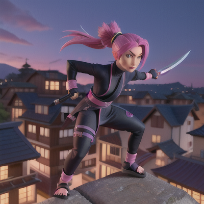 Image For Post Anime Art, Adventurous ninja, pink hair in a high ponytail, stealthily traversing rooftops at dusk