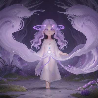 Image For Post | Anime, manga, Cursed spirit whisperer, wavy lavender hair, wandering through a hauntingly beautiful otherworldly landscape, communicating with ancient spirits, glowing ethereal runes floating around, flowing white robes with decorative symbols, watercolor-inspired art style, an atmosphere of mystery and allure - [AI Art, Anime Warriors ](https://hero.page/examples/anime-warriors-stable-diffusion-prompt-library)