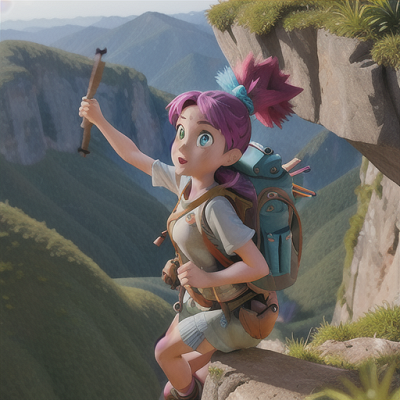 Image For Post Anime Art, Adventurous backpacker girl, vibrant turquoise hair in a high ponytail, atop a scenic mountain cliff