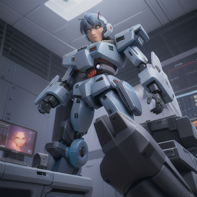 Image For Post Anime Art, Giant mecha pilot, icy blue hair and stern expression, in a high-tech control room