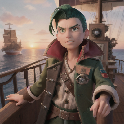 Image For Post Anime Art, Fearless pirate boy, dark green slicked-back hair, on the deck of a massive ship