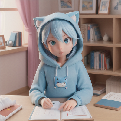 Image For Post Anime Art, Calm hoodie-wearing protagonist, soft blue hair and star-shaped pendant, in a cozy bedroom surrounded by ani