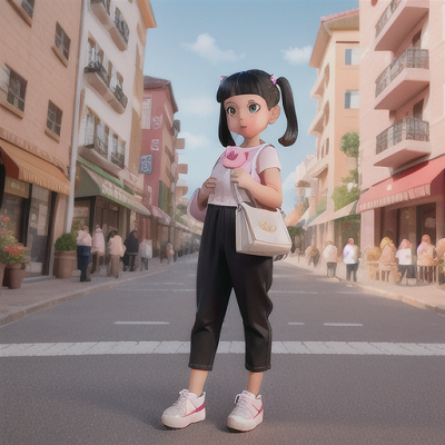 Image For Post Anime Art, Shy cat-like girl, dual-toned silver and black hair in pigtails, wandering around in a sunlit city