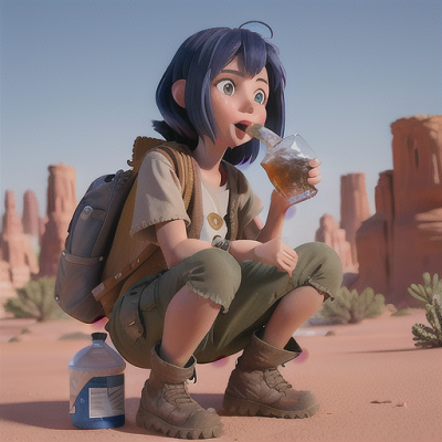 Image For Post Anime Art, Thirsty traveler, dark blue hair in messy layers, crouching by a rare desert oasis