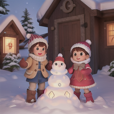Image For Post Anime Art, Silly snow-sculpting contest, multicolored anime family, on the front yard of a quaint cottage