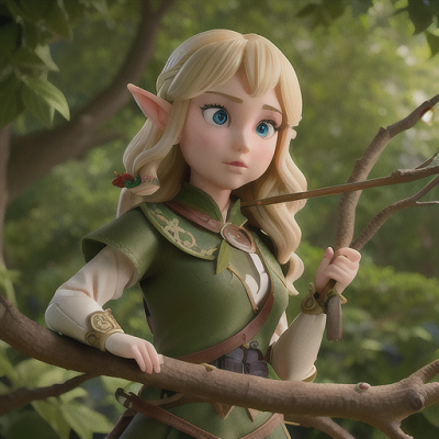 Image For Post Anime Art, Agile elven archer, blonde hair with ivy leaf accents, perched high on a treetop