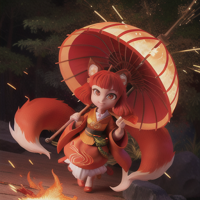 Image For Post | Anime, manga, Playful kitsune, multiple tails and fiery red eyes, in a mystical grove with ancient torii gates, twirling her traditional umbrella, surrounded by sparks of spiritual fire, kimono with intricate fox patterns, a blend of traditional and modern anime art styles, magical and alluring atmosphere - [AI Art, Anime Countryside Scenes ](https://hero.page/examples/anime-countryside-scenes-stable-diffusion-prompt-library)