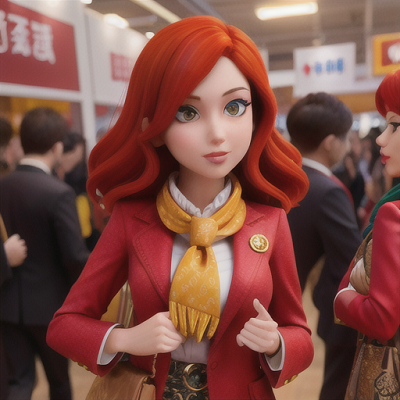 Image For Post Anime Art, Driven saleswoman, fiery red hair and golden eyes, bustling anime trade show