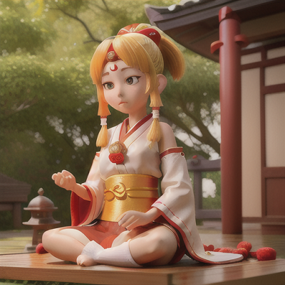 Image For Post Anime Art, Devoted shrine maiden, serene golden hair styled in a low ponytail, in a tranquil Shinto shrine
