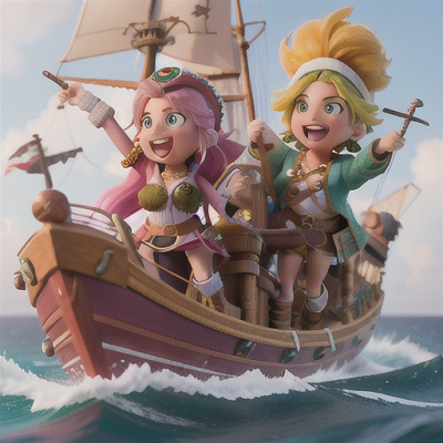 Image For Post | Anime, manga, Charming pirate pair, feisty pink-haired captain and her loyal green-haired first mate, aboard their impressive flying ship, commanding their crew to fight against a rival pirate fleet, cannon fire and clashes of swords in the background, matching pirate garb with unique embellishments, vivid and lively anime style, creating a feeling of camaraderie and adventure - [AI Art, Anime Mixed Gender Pair ](https://hero.page/examples/anime-mixed-gender-pair-stable-diffusion-prompt-library)
