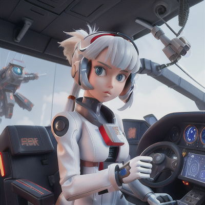 Image For Post Anime Art, Robotic mecha pilot, silver hair in a neat ponytail, in a hi-tech cockpit surrounded by holographic displays