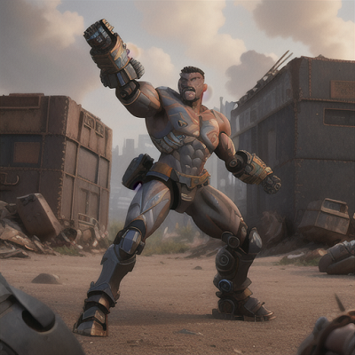 Image For Post Anime Art, Dauntless cyborg warrior, muscular build with robotic limbs, in a post-apocalyptic wasteland