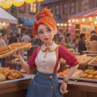 Image For Post Anime Art, Time-traveling foodie, multicolored hair tied back, in a bustling historical marketplace