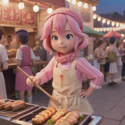 Image For Post Anime Art, Charming street food vendor, soft pink hair held back with a bandana, in a cozy anime night market