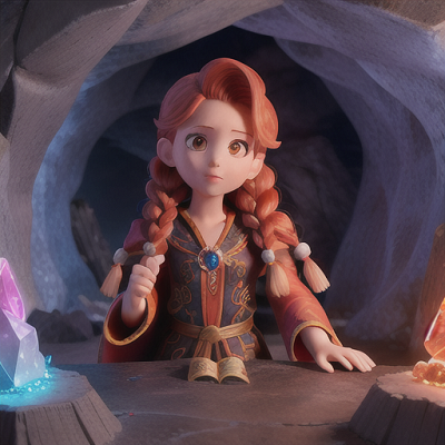 Image For Post Anime Art, Adventurous young summoner, coral hair in a braid, deep within an underground crystal cavern