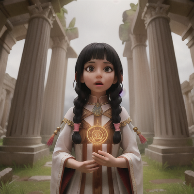Image For Post Anime Art, Spirit summoner girl, half-white half-black hair in braids, among ancient ruins