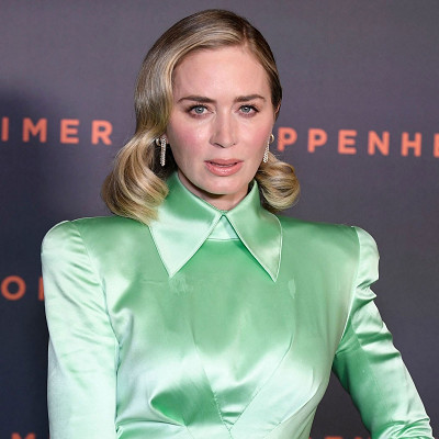 Image For Post Emily Blunt Collared Satin Blouse Gown