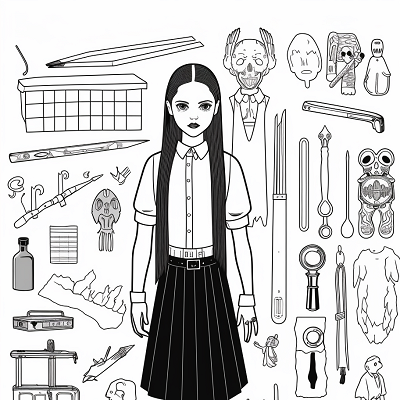 Image For Post | Wednesday Addams pictured with a variety of her iconic accessories; detailed shading and thoughtful composition. printable coloring page, black and white, free download - [Wednesday Addams Coloring Pictures Pages ](https://hero.page/coloring/wednesday-addams-coloring-pictures-pages-fun-and-creative)