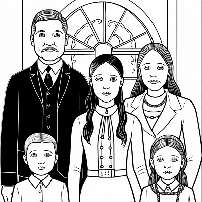 Image For Post | Classic depiction of the Addams Family; features a well-defined Wednesday Addams and family. printable coloring page, black and white, free download - [Wednesday Addams Coloring Pictures Pages ](https://hero.page/coloring/wednesday-addams-coloring-pictures-pages-fun-and-creative)