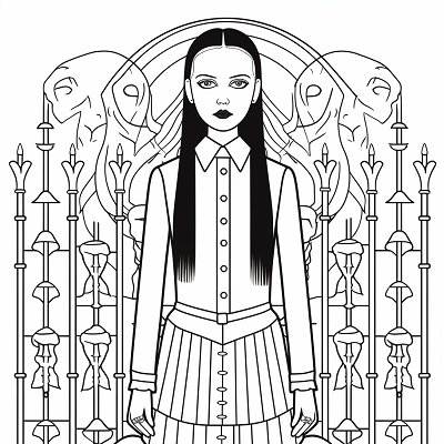 Image For Post | Wednesday Addams and the Addams Family crest; sharp outlines and meticulous attention to details and patterns. printable coloring page, black and white, free download - [Wednesday Addams Coloring Pictures Pages ](https://hero.page/coloring/wednesday-addams-coloring-pictures-pages-fun-and-creative)