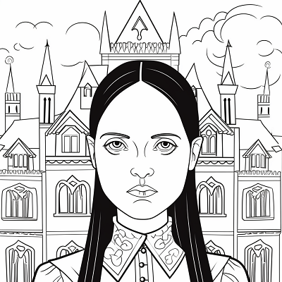 Image For Post | Wednesday Addams in a school setting; simplistic geometric forms. printable coloring page, black and white, free download - [Wednesday Addams Coloring Book Pages ](https://hero.page/coloring/wednesday-addams-coloring-book-pages-fun-coloring-for-all-ages)