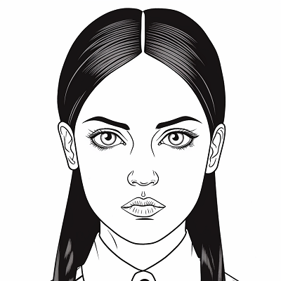 Image For Post | Wednesday Addams with a ponytail; detailed face and simple attire. printable coloring page, black and white, free download - [Wednesday Addams Coloring Book Pages ](https://hero.page/coloring/wednesday-addams-coloring-book-pages-fun-coloring-for-all-ages)