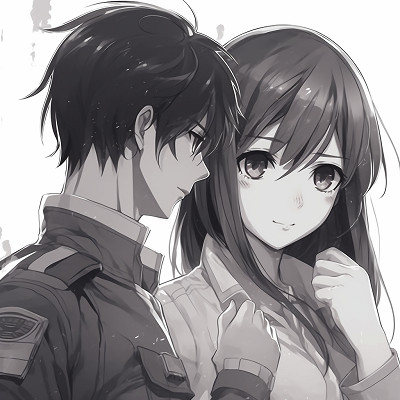 Image For Post | Eren Jaeger and Mikasa Ackerman in uniform, muted tones and detailed linework. artistic anime matching pfp couples - [Anime Matching Pfp Couple](https://hero.page/pfp/anime-matching-pfp-couple)