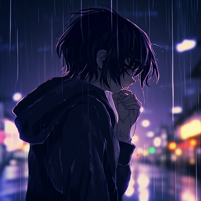 Image For Post | Anime character introspecting under the rainy Tokyo evening, hues of purple and blue dominate. aesthetic depressed pfp images - [Depressed Anime PFP Collection](https://hero.page/pfp/depressed-anime-pfp-collection)