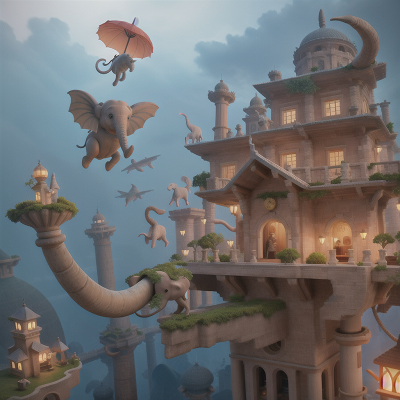 Image For Post Anime, flying, umbrella, elephant, underwater city, ancient scroll, HD, 4K, AI Generated Art