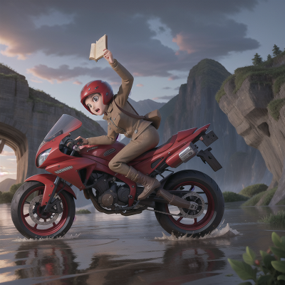 Image For Post Anime, flood, mountains, jumping, motorcycle, spell book, HD, 4K, AI Generated Art