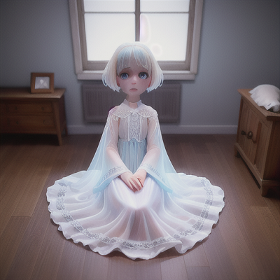 Image For Post Anime Art, Melancholic ghost girl, transparent white hair and eerie blue glow, floating in an empty