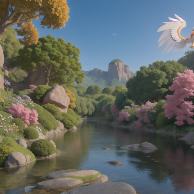 Image For Post Anime, island, river, crystal, garden, phoenix, HD, 4K, AI Generated Art