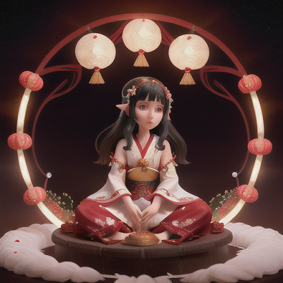 Image For Post Anime Art, Gentle shrine maiden, delicate black hair adorned with floral ornaments, at an enchanting moonlit shrine