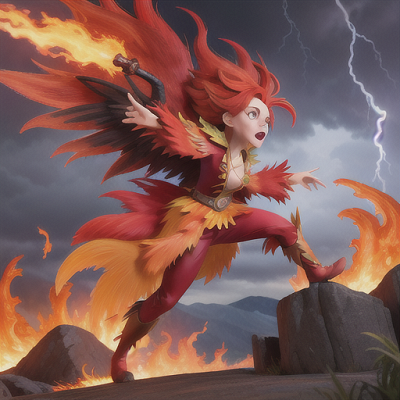 Image For Post Anime Art, Untamed elemental mage, hair streaked with vibrant hues of red and yellow, in the midst of a raging storm