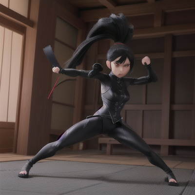 Image For Post Anime Art, Graceful ninja warrior, long black hair tied in a high ponytail, in an ancient Japanese temple