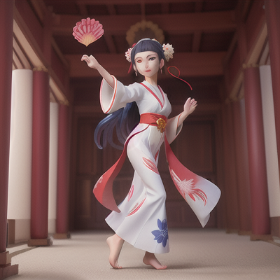 Image For Post | Anime, manga, Enigmatic kimono dancer, long midnight blue hair, gracefully dancing in an ancient temple, fans with intricate designs in both hands, sakura petals swirling around, elegant white kimono adorned with red flowers, gentle watercolor anime style, a captivating and poetic scene - [AI Art, Elegant Kimono ](https://hero.page/examples/elegant-kimono-anime-themed-stable-diffusion-prompt-library)