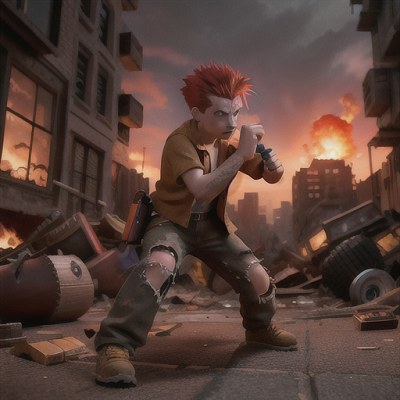 Image For Post Anime Art, Protective elder brother, spiky red hair and fierce eyes, in a destroyed cityscape