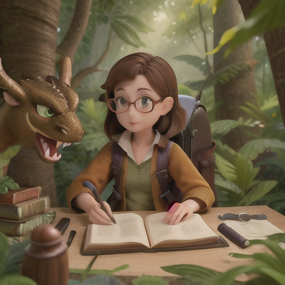 Image For Post Anime Art, Adventurous dragon researcher, earthy brown hair and round glasses, in a lush dragon-infested forest