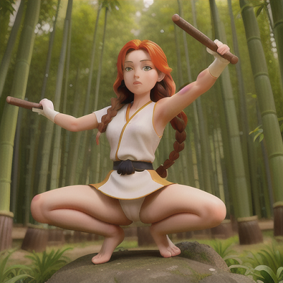 Image For Post Anime Art, Harmonious martial artist, serene auburn hair in a tidy braid, at the heart of a tranquil bamboo forest