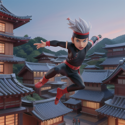 Image For Post | Anime, manga, Fearless ninja boy, spiky silver hair, in a traditional Japanese village, performing acrobatic parkour, a rival ninja boy observing from a rooftop, black ninja attire with red headbands, fluid and dynamic motion lines in the artwork, tense and exhilarating atmosphere - [AI Art, Anime Scene: Two Boys ](https://hero.page/examples/anime-scene:-two-boys-stable-diffusion-prompt-library)