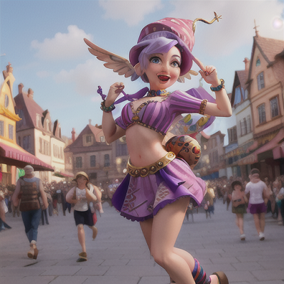 Image For Post | Anime, manga, Mischevious trickster, lavender hair with a jester hat, within a bustling town square, amusing crowds with a magical performance, a winged creature swooping through the air, colorful clothes and multiple woven bracelets, dynamic and lighthearted anime style, playful and chaotic atmosphere - [AI Art, Anime Magic Staff Scenes ](https://hero.page/examples/anime-magic-staff-scenes-stable-diffusion-prompt-library)