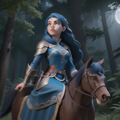 Image For Post | Anime, manga, Valiant knight, royal blue hair in a sleek braid, within a dark forest shrouded in moonlight, bravely fighting off malicious shadows, a loyal wolf companion at her side, gleaming armor with an ornate helm, moody and atmospheric anime style, evoking courage and honor - [AI Art, Anime Forest Scenes ](https://hero.page/examples/anime-forest-scenes-stable-diffusion-prompt-library)