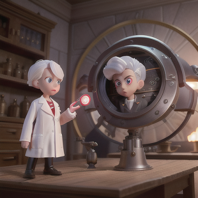 Image For Post Anime Art, Time-traveling scientist boy, platinum hair and curious red eyes, amidst a dramatic clash of historical eras