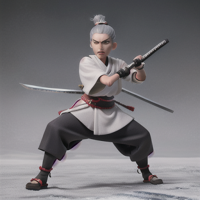 Image For Post Anime Art, Devoted samurai, stoic expression with silver hair tied in a topknot, in the midst of an ancient battlefield