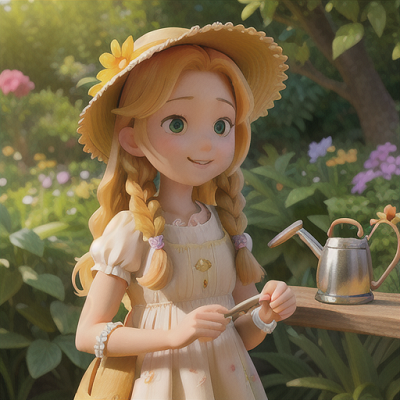 Image For Post Anime Art, Gentle gardener girl, honey-colored hair in a braided crown, in a lush and fragrant botanical garden