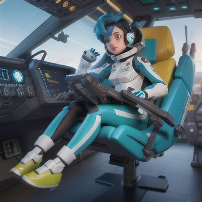 Image For Post Anime Art, Determined interstellar pilot, with gravity-defying turquoise hair, in the cockpit of a highly advanced mech