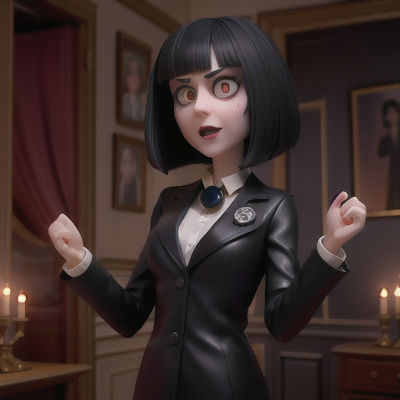 Image For Post Anime Art, Supernatural investigator, midnight black hair in a sleek bob, in a haunted old mansion